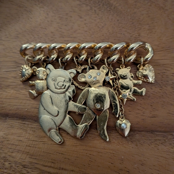 Kirks Folly Teddy Bear And Hearts Charm Pin Brooch Signed